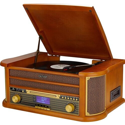 Tweedekans Denver Retro Platenspeler MRD51 - Hout - 24x22x12 cm - Ingebouwde Speakers & Versterker - DAB Radio - CD & Cassette