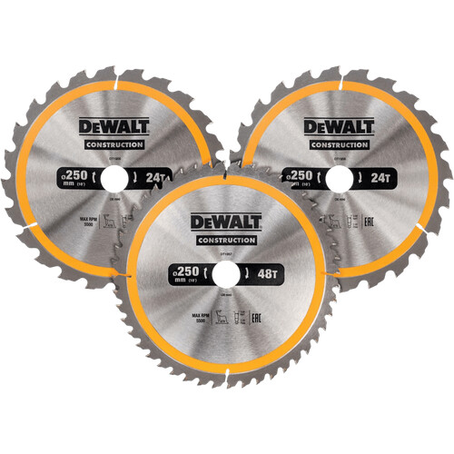 Tweedekans DeWalt Cirkelzaagbladenset 250mm 3-delig 24T (2x), 48T Tweedehands