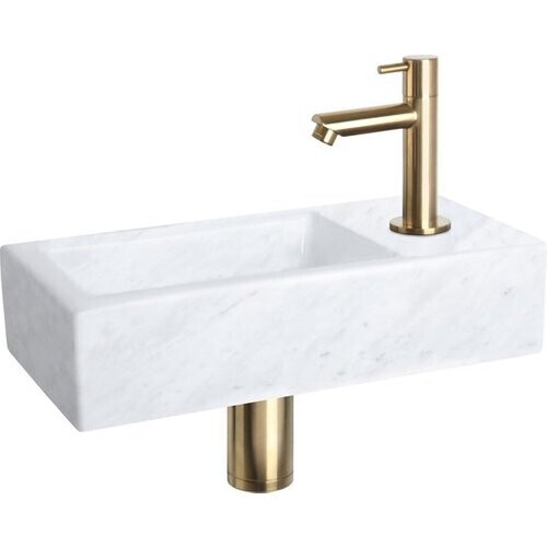 Tweedekans Differnz Helios fonteinset - 37,5x18,5x9,5 cm - Rechthoek - 1 kraangat - Recht matte gouden kraan - Mineraalsteen Marmer Tweedehands
