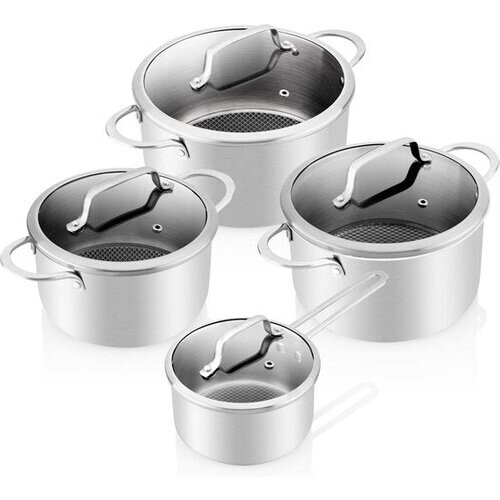 Tweedekans ETA HoneyComb Pannenset voor Inductie en alle Warmtebronnen – Ovenbestendig – Set van 4 Pannen met Glazen Deksel – Roestvrij Staal – Non-Stick – RVS Tweedehands