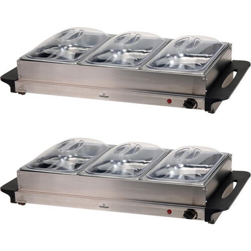 Tweedekans Excellent Electrics - Buffetwarmer Set van 2 - 2-in-1 Warmhoudplaat - 3 RVS Bakken (2L per stuk) - 300W - 53 x 35 cm Tweedehands