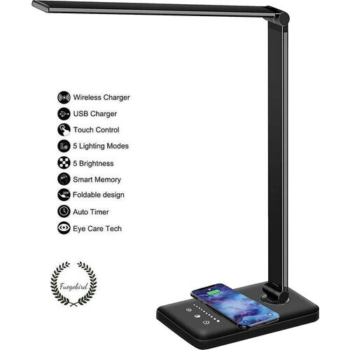 Tweedekans Fuegobird EK009 LED Bureaulamp - Draadloos Oplaadfunctie - Kantelbaar - Zwart Tweedehands
