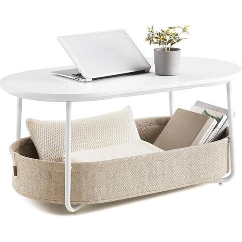 Tweedekans Furnstar - Salontafel ovaal - Tafel met opbergruimte - Bijzettafel - Woonkamertafel met mand van stof - Modern design - Metalen frame - Matwit Camelbruin