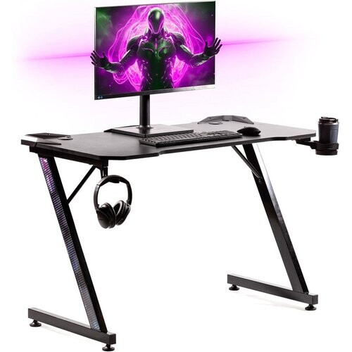 Tweedekans Gadgy Game Bureau Carbon - Gaming Bureau 110 CM Breed - Gaming Desk met Carbon Details - Gaming Tafel met Koptelefoonhouder, bekerhouder & kabeltunnel - Level Up Gamen met Gadgy - Zwart Carbon Tweedehands