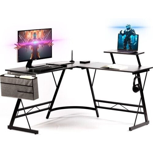 Tweedekans Gadgy Game Bureau Carbon PRO - Gaming HoekBureau 130 CM Breed - Gaming Bureau met Carbon Details - Gaming Desk L-vorm met Koptelefoonhouder, Scherm Verhoging & Opbergmand - Level Up met Gadgy - Zwart Carbon Tweedehands