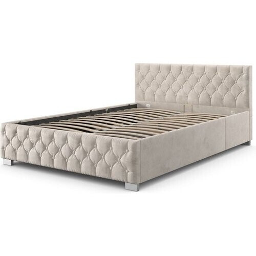 Tweedekans Gestoffeerd Bed Nizza - 140 x 200 cm - Beige - LED Verlichting & Bedlade Tweedehands