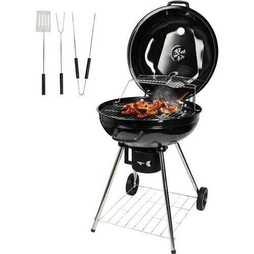Tweedekans Goliving Houtskool Barbecue - Ø54 cm - Inclusief Accessoires - Houtskoolbarbecues op Wielen - XXL BBQ met Deksel - Rond - 65 x 89 cm - Zwart - Metaal Tweedehands