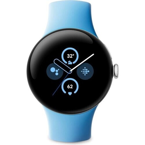 Tweedekans Google Pixel Watch 2 – Zilverkleurige kast – Blauw sportbandje – GPS – 5ATM – Fitbit functies – 24u batterij – AMOLED scherm Tweedehands
