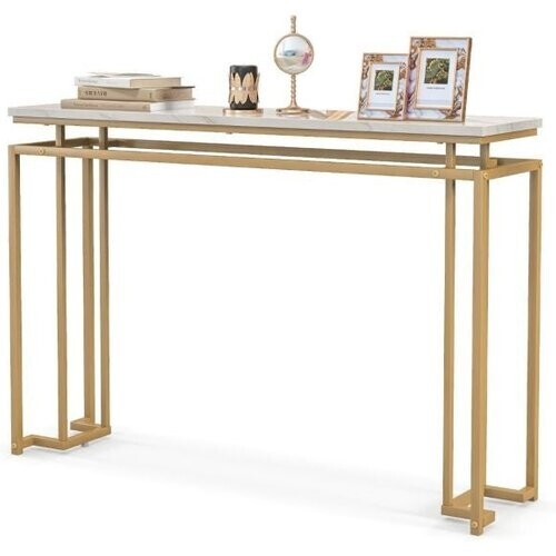 Tweedekans Gouden Consoletafel Moderne 120 cm Consoletafel Imitatie Marmeren Blad Geometrisch Metalen Frame Bijzettafel voor Bank Anti-Kantel Kit Tweedehands