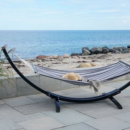 Tweedekans Hangmat Tripoli met Larikshouten Frame – Grijs/Zwart – 320 cm – Katoen & Polyester – Luxe Buitenlounger Tweedehands