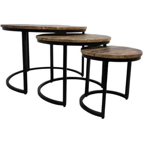 Tweedekans Hsm Collection District 3-delige salontafelset mangohout bruin/zwart – Ø35 - Ø51 - Ø67 cm Tweedehands