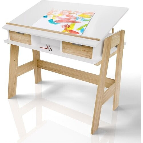 Tweedekans Juskys Fietje Plus Kinderbureau met Verstelbaar Blad en Opbergruimte - Wit/Naturel - 94 x 76 x 63 cm Tweedehands