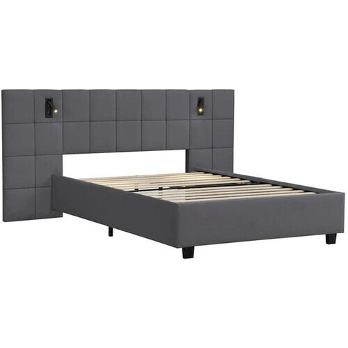 Tweedekans Juskys – Polsterbed Luzano – 140 x 200 cm – Voorzien Van LED-Leeslampjes En Gecapitonneerd Hoofdbord – Voor Slaapkamer En Logeerkamer – Donkergrijs Fluweel Tweedehands