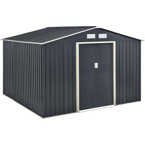 Tweedekans Juskys XXL Metalen Tuinhuis – 282 x 314 x 190 cm – Fundamentframe - Dubbele Schuifdeur – Voor Tuingereedschap En Fietsen – Antraciet Verzinkt Staal Tweedehands