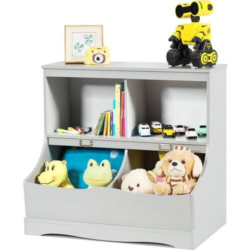 Tweedekans Kinderrek Speelgoedrek met 4 Vakken Boekenrek voor Kinderen Opbergrek Speelgoedorganizer - 67 x 40 x 62 cm - Grijs Tweedehands