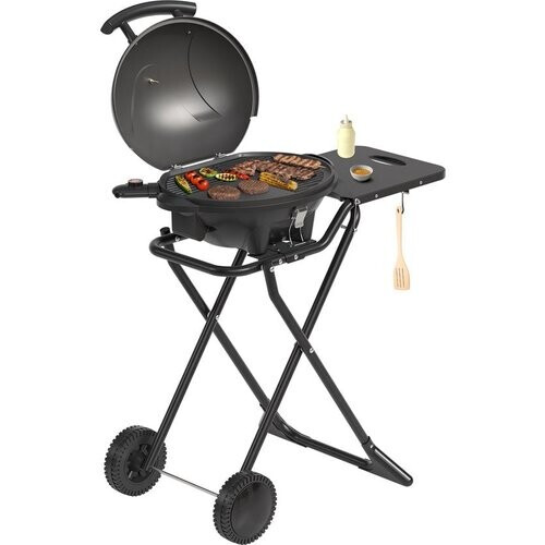 Tweedekans KitchenBrothers Elektrische BBQ - Opvouwbaar - Barbecue met Wielen - Anti-aanbaklaag - Zijtafel - tot 250°C - 2400W - Zwart