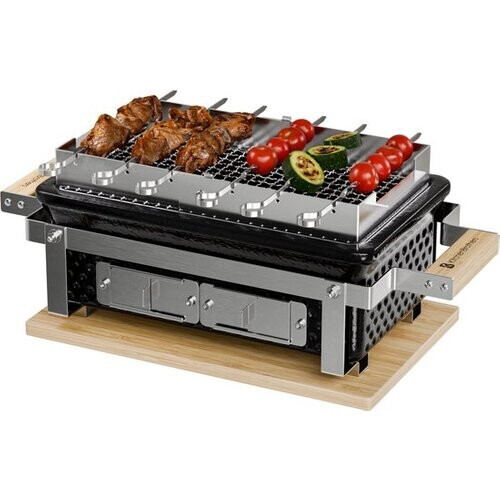 Tweedekans KitchenBrothers Kamado Hibachi Grill - PFAS Vrij - Met Grillrek en Stokjes - Houtskool Barbecue - Shichirin Tafelgrill - Rechthoekige BBQ - Keramische Barbecue - Zwart
