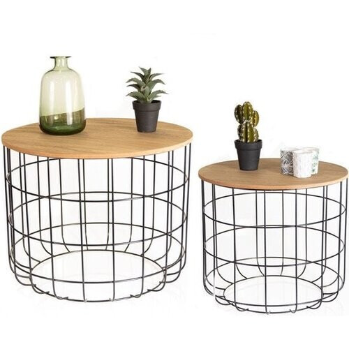 Tweedekans LIFA LIVING Moderne Bijzettafel - Set van 2 - Zwart - Metaal & Hout - Rond - Verwijderbaar Blad - Opbergmand - Stabiel