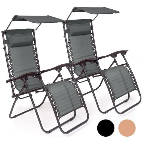 Tweedekans LifeGoods Opvouwbare Tuinstoelen - met Luifel - Verstelbaar Zonnescherm - 2 Stuks - 30°-90° Verstelbaar - Metaal - Donkergrijs Tweedehands