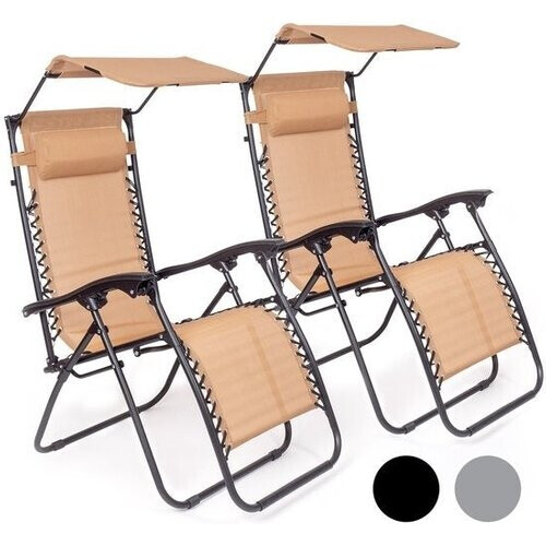 Tweedekans LifeGoods Opvouwbare Tuinstoelen - met Luifel - Verstelbaar Zonnescherm - 2 Stuks - 30°-90° Verstelbaar - Metaal - Beige