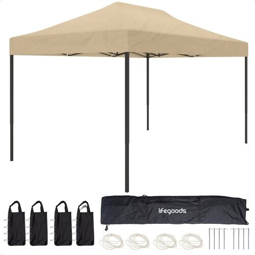 Tweedekans LifeGoods - Partytent - Paviljoen - 3,0 x 4,5 m - eenvoudig op te zetten, opvouwbaar, waterdicht - Draagtas met wielen - Beige Tweedehands