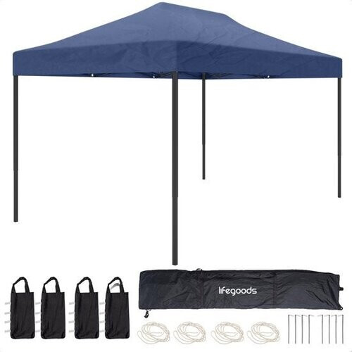 Tweedekans LifeGoods Partytent - Paviljoen - 3x4.5 m - Easy Up - Opvouwbaar - Waterdicht - Draagtas met Wieltjes - Donkerblauw Tweedehands