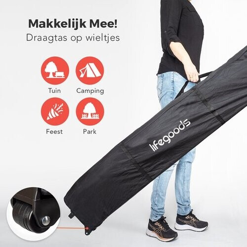 Tweedekans LifeGoods Partytent - Paviljoen - EasyUp - Opvouwbaar - 4 Zijwanden - Waterdicht - Met Draagtas met wieltjes - 292 x 292 cm - Donkergrijs Tweedehands