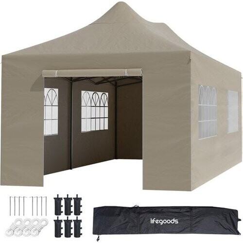 Tweedekans LifeGoods Partytent - Paviljoen - EasyUp - Opvouwbaar - 4 Zijwanden - Waterdicht - Met Draagtas met wieltjes - 300 x 600 cm - Beige Tweedehands