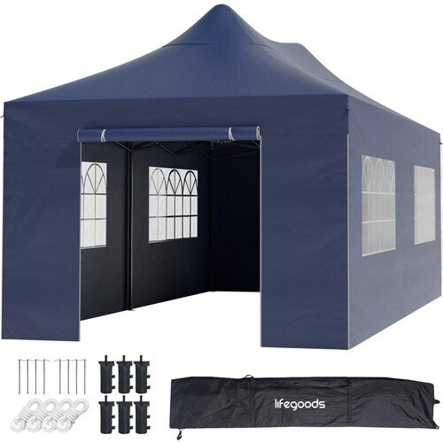 Tweedekans LifeGoods Partytent - Paviljoen - EasyUp - Opvouwbaar - 4 Zijwanden - Waterdicht - Met Draagtas met wieltjes - 300 x 600 cm - Donkerblauw Tweedehands