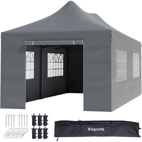 Tweedekans LifeGoods Partytent - Paviljoen - EasyUp - Opvouwbaar - 4 Zijwanden - Waterdicht - Met Draagtas met wieltjes - 300 x 600 cm - Donkergrijs Tweedehands