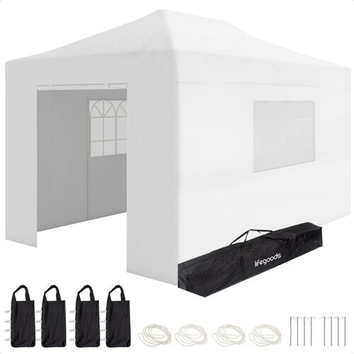 Tweedekans LifeGoods Partytent - Paviljoen - EasyUp - Opvouwbaar - Waterdicht - Met Draagtas met wieltjes -440 x 297 cm - Wit Tweedehands
