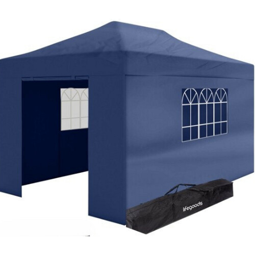 Tweedekans LifeGoods Partytent - Paviljoen - EasyUp - Opvouwbaar - Waterdicht - Met Draagtas met wieltjes - 440 x 297 cm - Donkerblauw Tweedehands