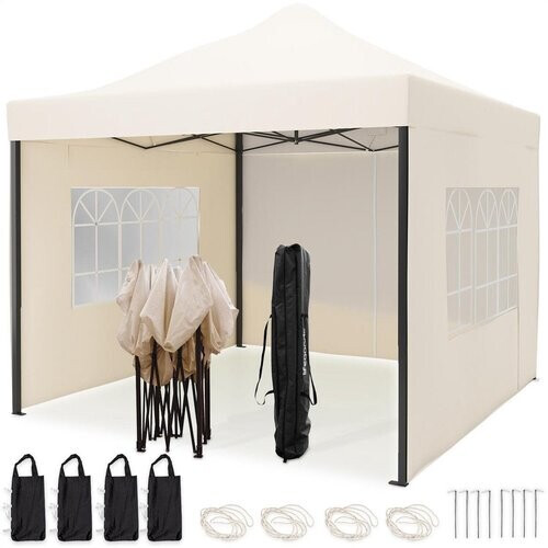Tweedekans LifeGoods Partytent - Paviljoen - EasyUp - Opvouwbaar - Waterdicht - Met Draagtas met wieltjes - 300 x 300 cm - Beige Tweedehands