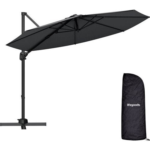 Tweedekans LifeGoods Zweefparasol - 6 Standen - 360° Draaibaar - Rond Ø300 cm - Inclusief Beschermhoes - Antraciet Tweedehands