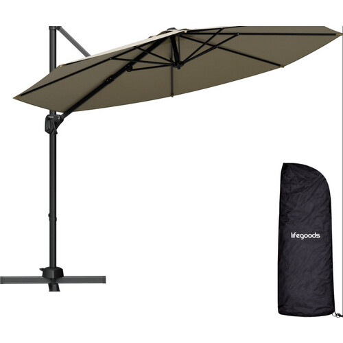 Tweedekans LifeGoods Zweefparasol Ø300 cm – 360° Draaibaar – 6 Standen – Incl. Hoes – Taupe Tweedehands