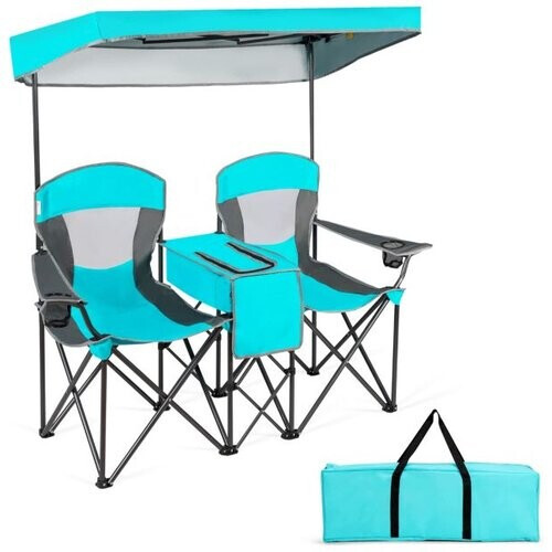 Tweedekans Luxe 2-Persoons Campingstoel met Verstelbare Luifel, Koelvak en Draagtas – Ideaal voor Buitenactiviteiten Tweedehands