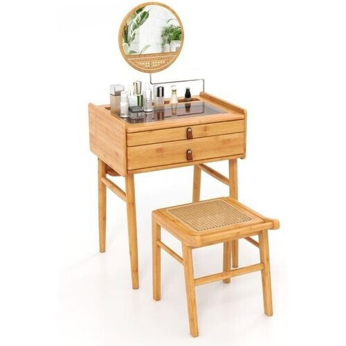 Tweedekans Make-Up Tafel met Spiegel Bamboe Kaptafel met 2 Opbergladen Klein Badmeubel Blad van Gehard Glas Compact met Opbergruimte Tweedehands