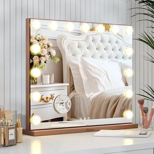 Tweedekans Mirlux Hollywood Spiegel 58x48CM – Make Up Spiegel met Verlichting – 15x LED Lampen – 3 Lichtstanden – 10x Vergroting – Spiegel met Dimbare Lampen – Hollywood Mirror met USB & USB-C – Luxe Rosé Gouden Make-Up Spiegel voor Kaptafe Tweedehands
