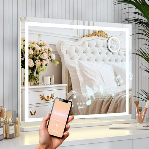 Tweedekans Mirlux Hollywood Spiegel 80x60CM - 2 Bluetooth Speakers - USB & USB-C Oplaadporten - LED Verlichting - Make Up Spiegel - 10x Zoom - Ophangbaar - Wit Tweedehands