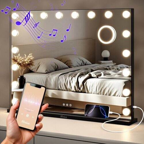 Tweedekans Mirlux Hollywood Spiegel 80x60CM - 2 Bluetooth Speakers - USB & USB-C Oplaadpoorten - LED Verlichting - Make Up Spiegels - 10x Zoom - Ophangbaar - Zwart Tweedehands