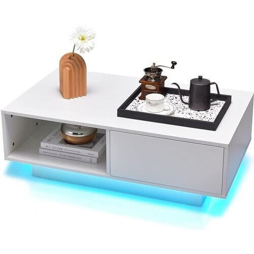 Tweedekans Moderne Salontafel met LED-verlichting – Hoogglans Wit – Open Vak, Lade & Afstandsbediening
