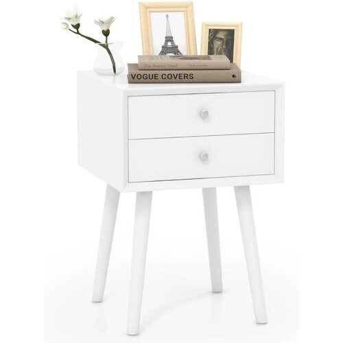 Tweedekans Nachtkastje Wit 40x40x59,5 cm – Houten Bijzettafel met 2 Laden en Verhoogde Poten – Coast Tweedehands