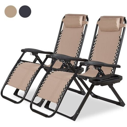 Tweedekans Novitaa Opvouwbare Ligstoelen Duoset - Verstelbaar - 30°-90° - Beker en Telefoonhouder - Tuinstoel - Metaal - Beige