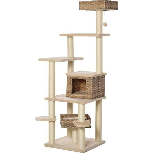 Tweedekans PawHut Krabpaal met kattengrot rotan kattenboom met meerdere verdiepingen voor katten beige + bruin D30-377 Tweedehands