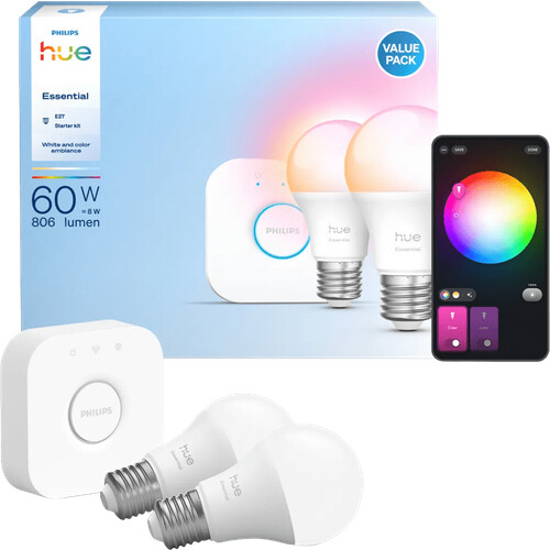 Tweedekans Philips Hue Essential A60 White and Color Starter Pack E27 806lm 2-pack + Bridge Tweedehands