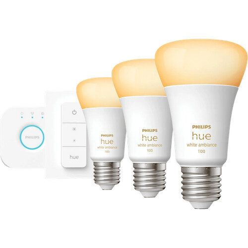 Tweedekans Philips Hue White Ambiance Starter Pack E27 met 3 lampen, dimmer + Bridge Tweedehands