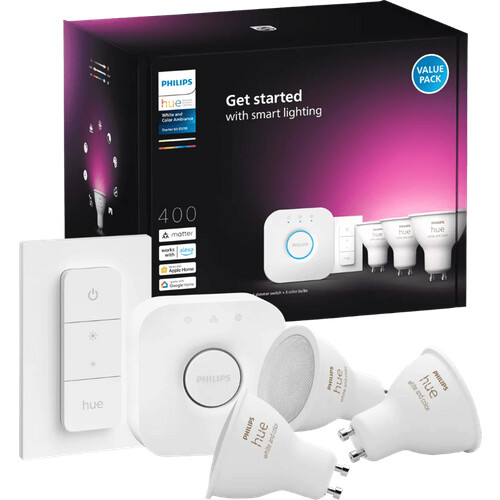 Tweedekans Philips Hue White and Color GU10 Starter Pack - 3 lampen + Bridge + Dimmer Tweedehands