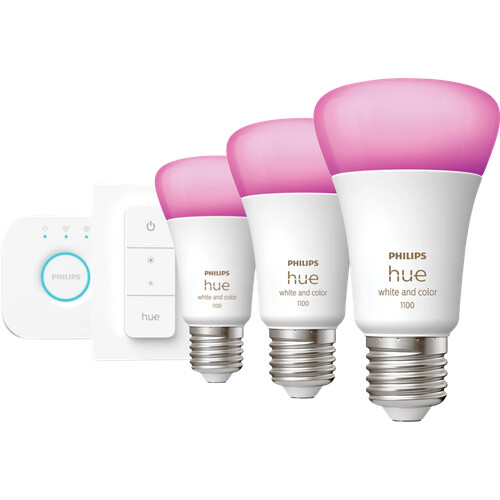 Tweedekans Philips Hue White and Color Starter Pack E27 met 3 lampen, dimmer + Bridge Tweedehands