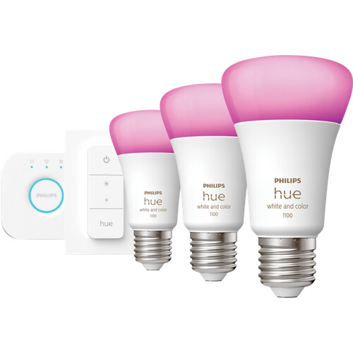 Tweedekans Philips Hue White & Color Starter Pack E27 met 3 lampen, dimmer + Bridge Tweedehands