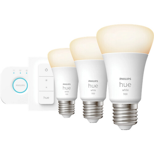 Tweedekans Philips Hue White Starter Pack E27 met 3 lampen, dimmer + Bridge Tweedehands